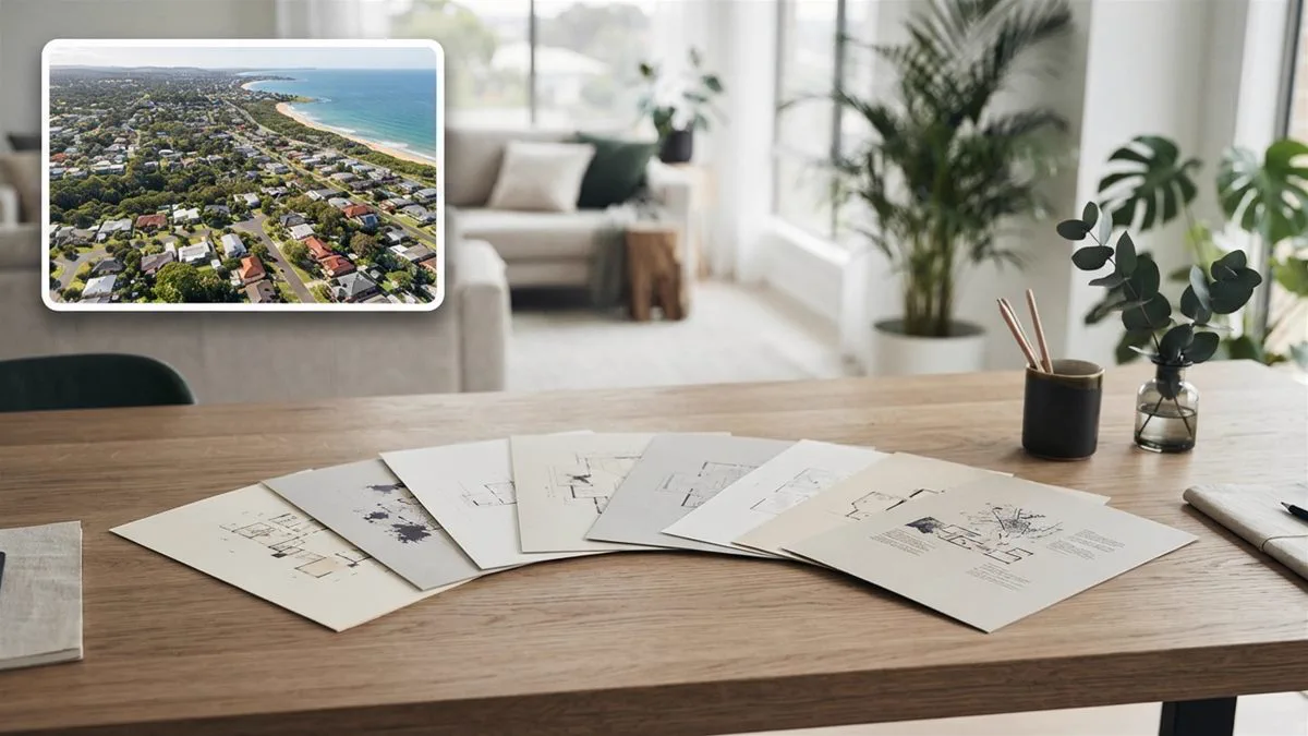 A map of Australia rendered as eight separate paper documents laid side by side on a desk